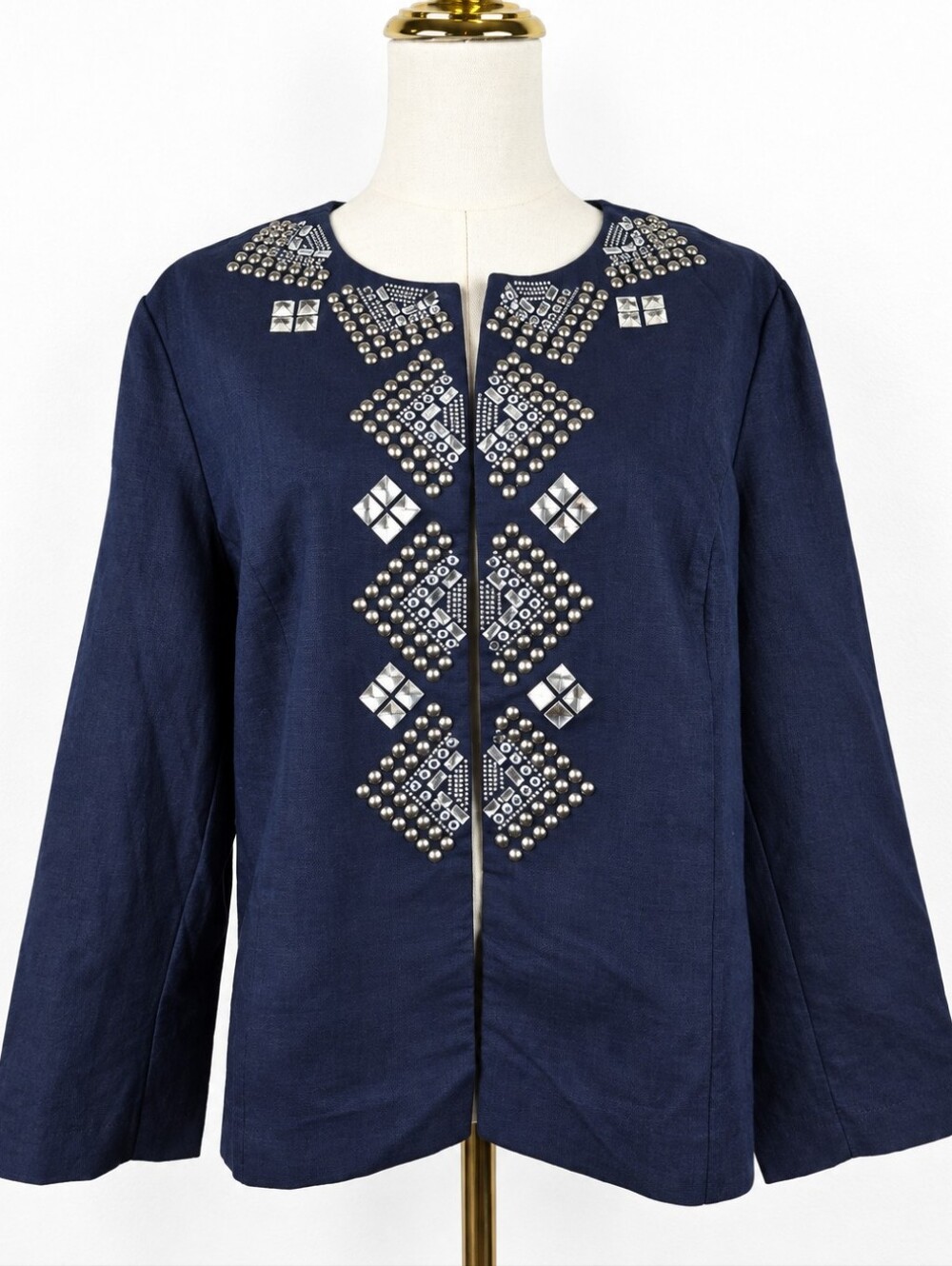 Chico's Linen Cotton Embellished Studded Rhinestone Jacket Navy Boho Size 2 L